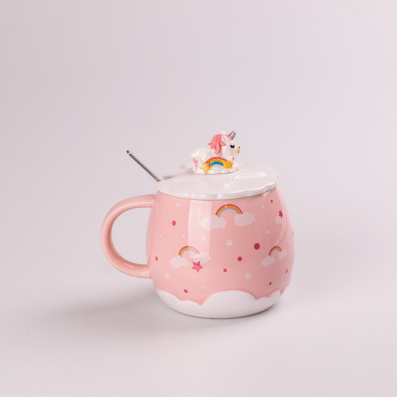 Чашка керамічна Rainbow Ceramic Mug 400ml з кришкою і ложкою Рожевий