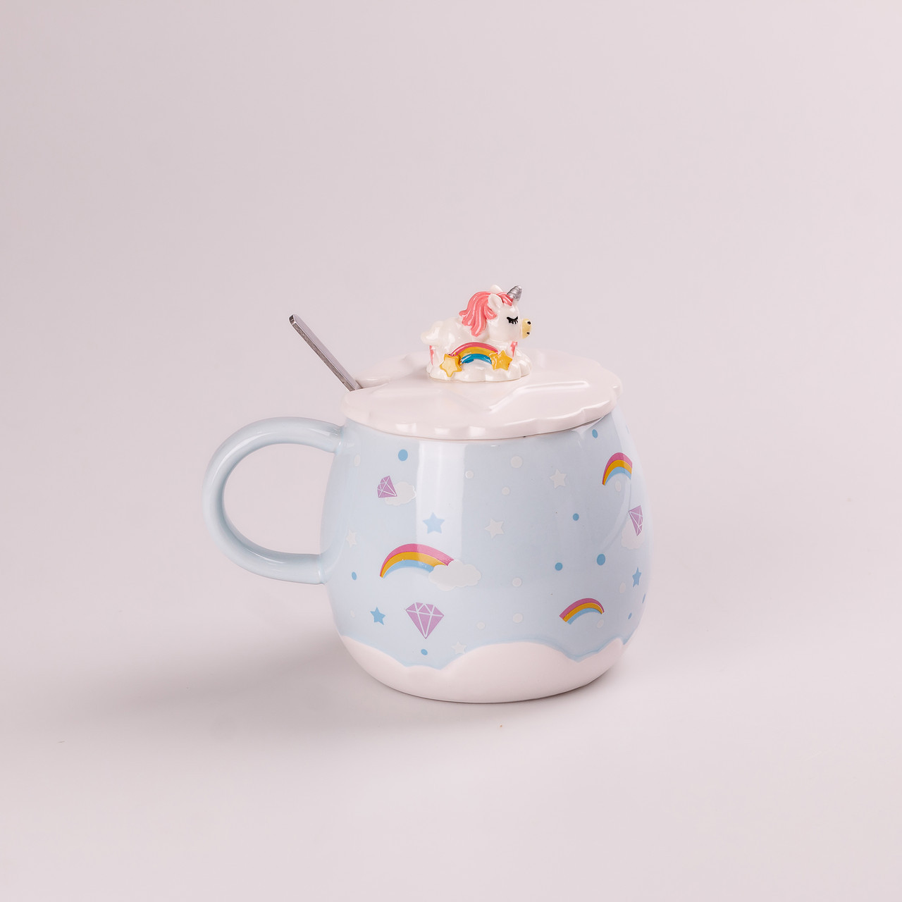 Чашка керамічна Rainbow Ceramic Mug 400ml з кришкою і ложкою Блакитний