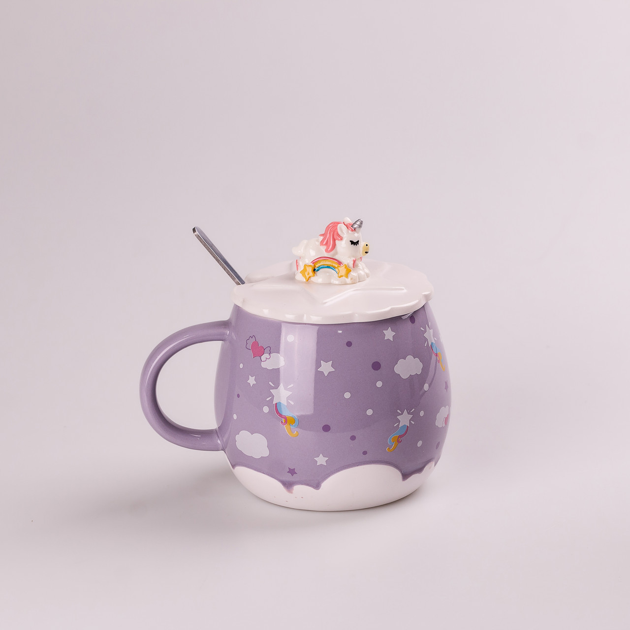 Чашка керамічна Rainbow Ceramic Mug 400ml з кришкою і ложкою Бузковий